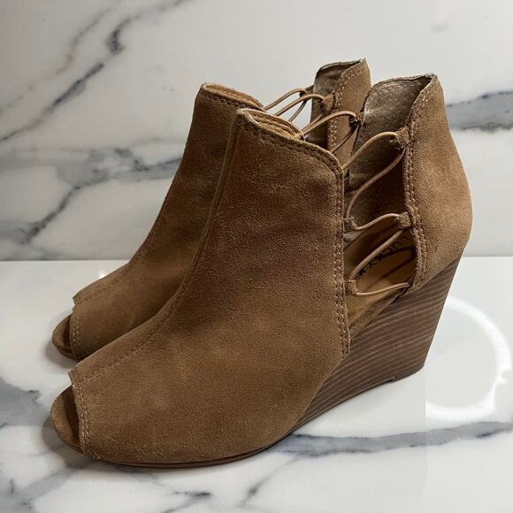 Lucky Brand | Women's Brown Leather Peeptoe Reevas Wedge Booties Sz 8.5 - Picture 3 of 8